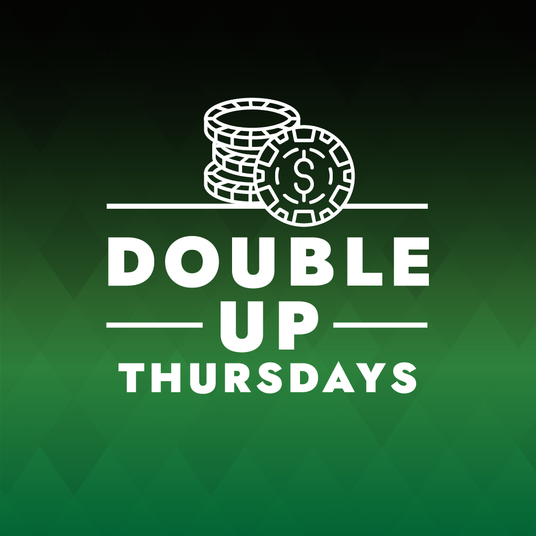 Poker chips on green background. Text: Double Up Thursdays