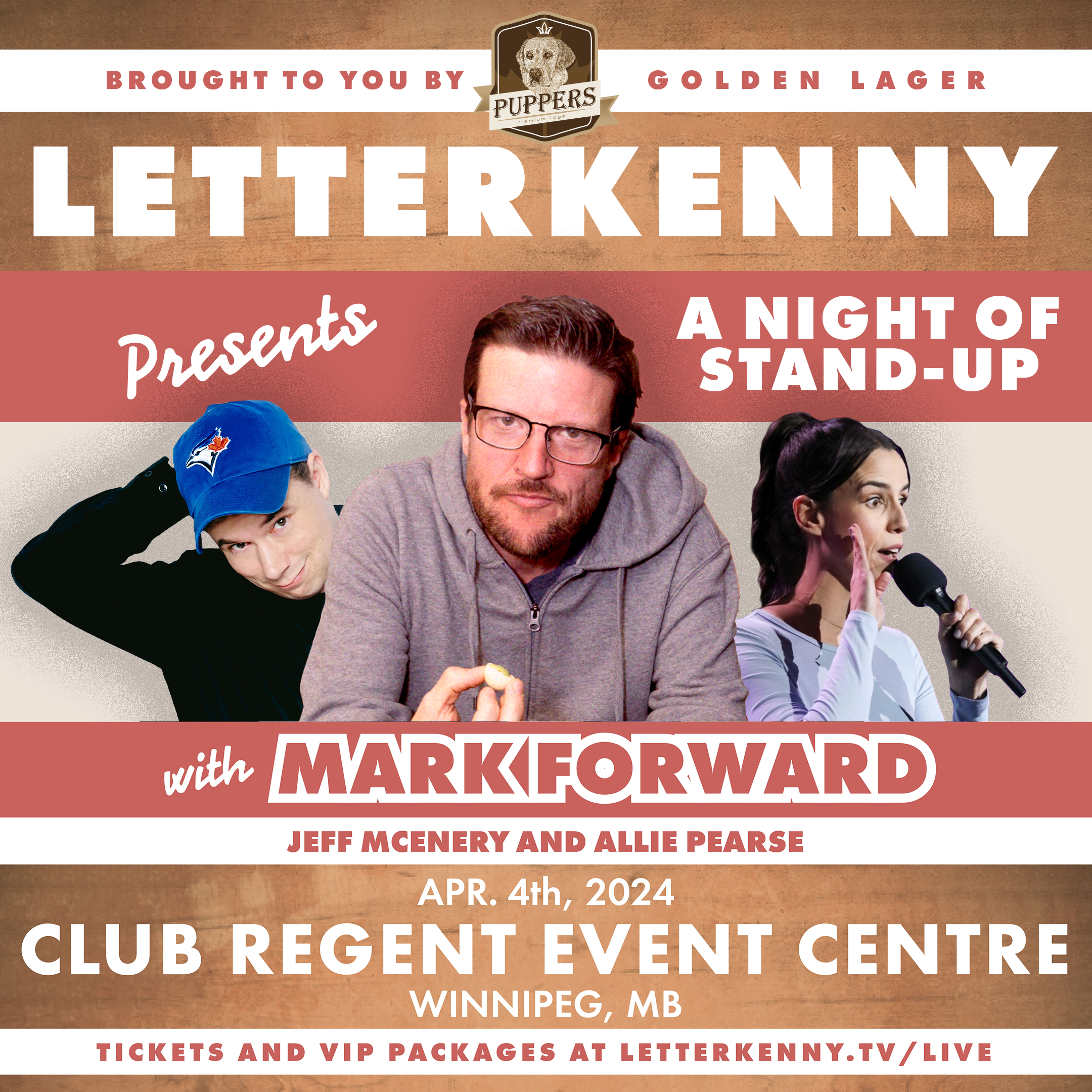 A group of three actors. text:LETTERKENNY Presents: A Night of Stand-up with Mark Forward, Jeff McEnery Allie Pearse