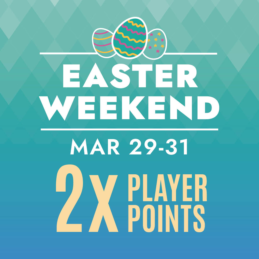 Easter eggs over blue background. text: Easter Weekend 2 times player points