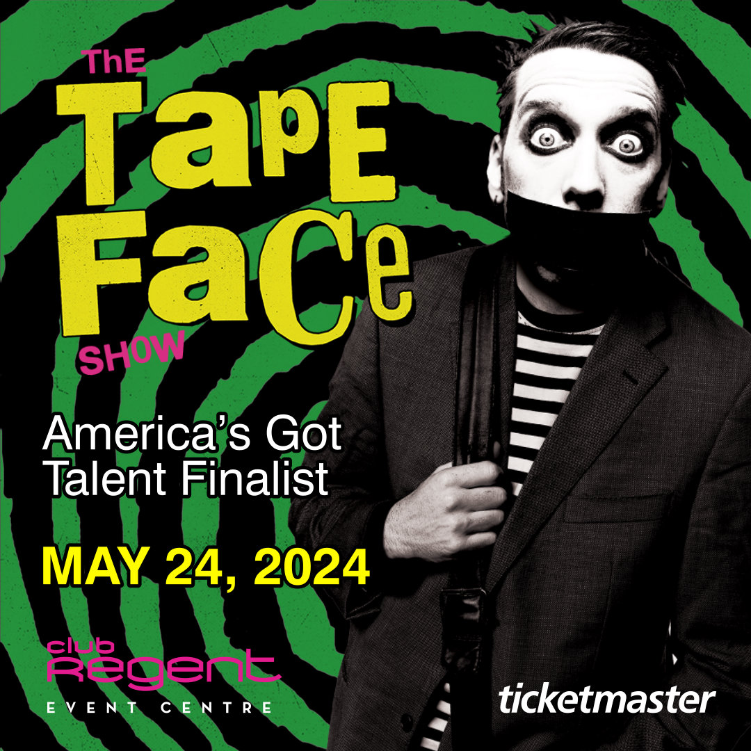 Man with tape across his mouth. Text: TAPE FACE - America's Got Talent Finalist